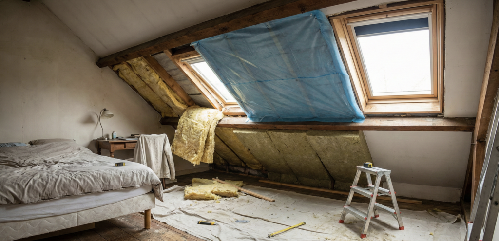 Chantier d'isolation par l'intérieur de combles aménagés : vue d'une chambre sous pente en cours de rénovation avec pose de laine minérale et pare-vapeur.