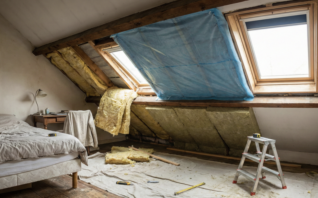 Chantier d'isolation par l'intérieur de combles aménagés : vue d'une chambre sous pente en cours de rénovation avec pose de laine minérale et pare-vapeur.