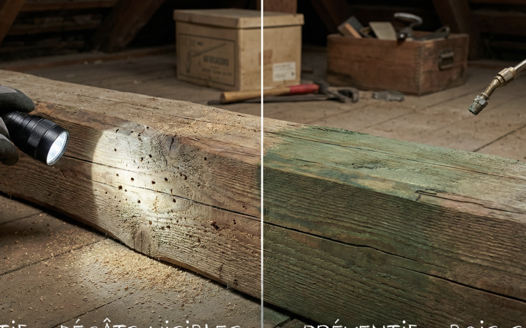 Comparaison visuelle entre une charpente abîmée nécessitant un traitement curatif et un bois sain traité préventivement