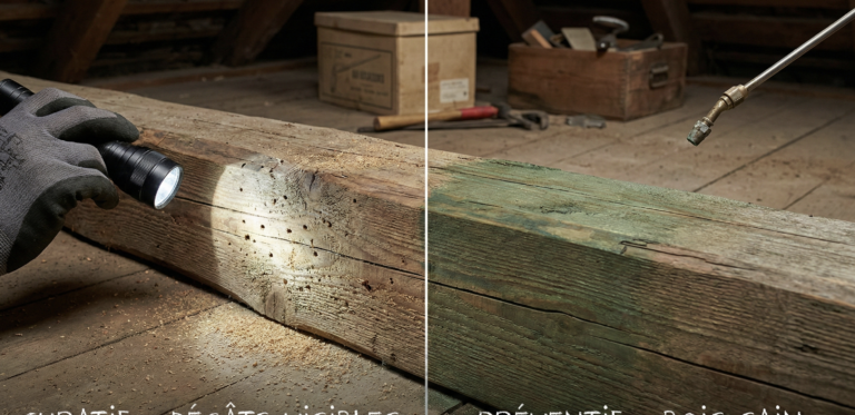 Comparaison visuelle entre une charpente abîmée nécessitant un traitement curatif et un bois sain traité préventivement