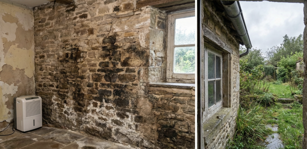 Mur en pierre intérieur présentant des traces d'humidité, du salpêtre et des remontées capillaires.