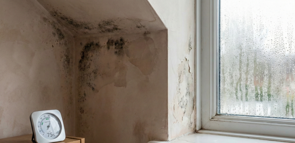 Mur intérieur dégradé par des taches de moisissure et fenêtre couverte de condensation, illustrant les signes d'un excès d'humidité dangereux pour la santé.