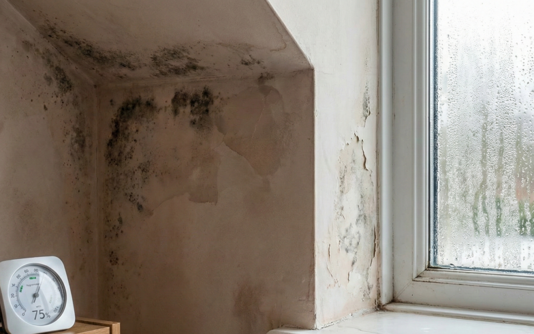 Mur intérieur dégradé par des taches de moisissure et fenêtre couverte de condensation, illustrant les signes d'un excès d'humidité dangereux pour la santé.