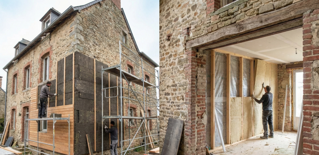 Chantier de rénovation d'une maison ancienne illustrant la double isolation : pose d'isolant thermique sur la façade extérieure et doublage des murs intérieurs.