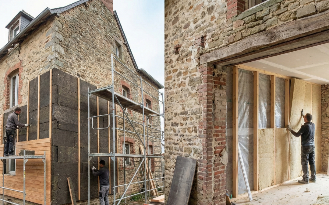 Chantier de rénovation d'une maison ancienne illustrant la double isolation : pose d'isolant thermique sur la façade extérieure et doublage des murs intérieurs.
