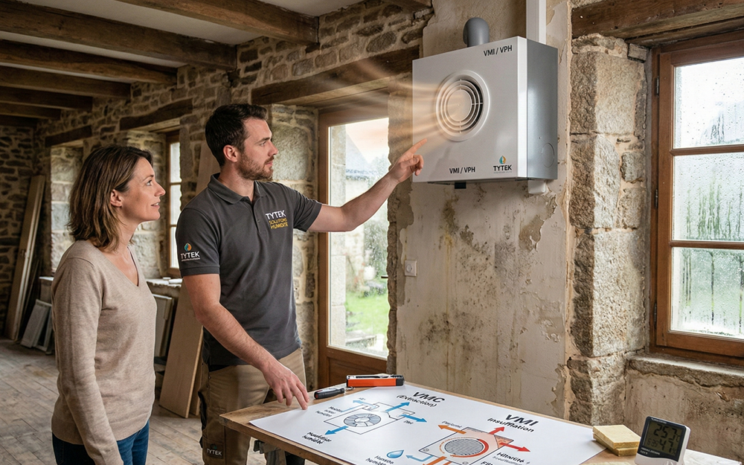 Un expert TYTEK SOLUTIONS HUMIDITÉ pointant un diagramme comparant la VMC par extraction et la VMI/VPH par insufflation à une propriétaire dans une maison bretonne en rénovation à Lorient. L'unité VMI TYTEK est installée au mur et insuffle de l'air purifié, tandis qu'une fenêtre ancienne montre de la condensation. Le diagramme détaille les avantages de la VMI contre l'humidité et le Radon.