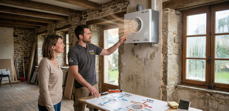 Un expert TYTEK SOLUTIONS HUMIDITÉ pointant un diagramme comparant la VMC par extraction et la VMI/VPH par insufflation à une propriétaire dans une maison bretonne en rénovation à Lorient. L'unité VMI TYTEK est installée au mur et insuffle de l'air purifié, tandis qu'une fenêtre ancienne montre de la condensation. Le diagramme détaille les avantages de la VMI contre l'humidité et le Radon.