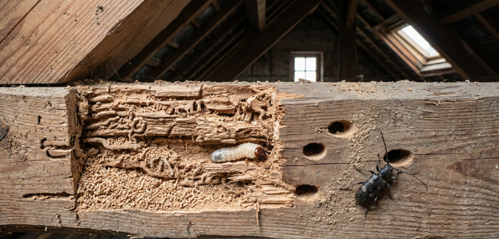 Une vue rapprochée ultra-réaliste montrant un insecte Capricorne des maisons adulte noir et une larve blanchâtre à l'intérieur de galeries de bois de résineux endommagé dans un grenier poussiéreux de Lorient. Le bois montre des trous de sortie ovales et des vermoulures, exposant la destruction interne.