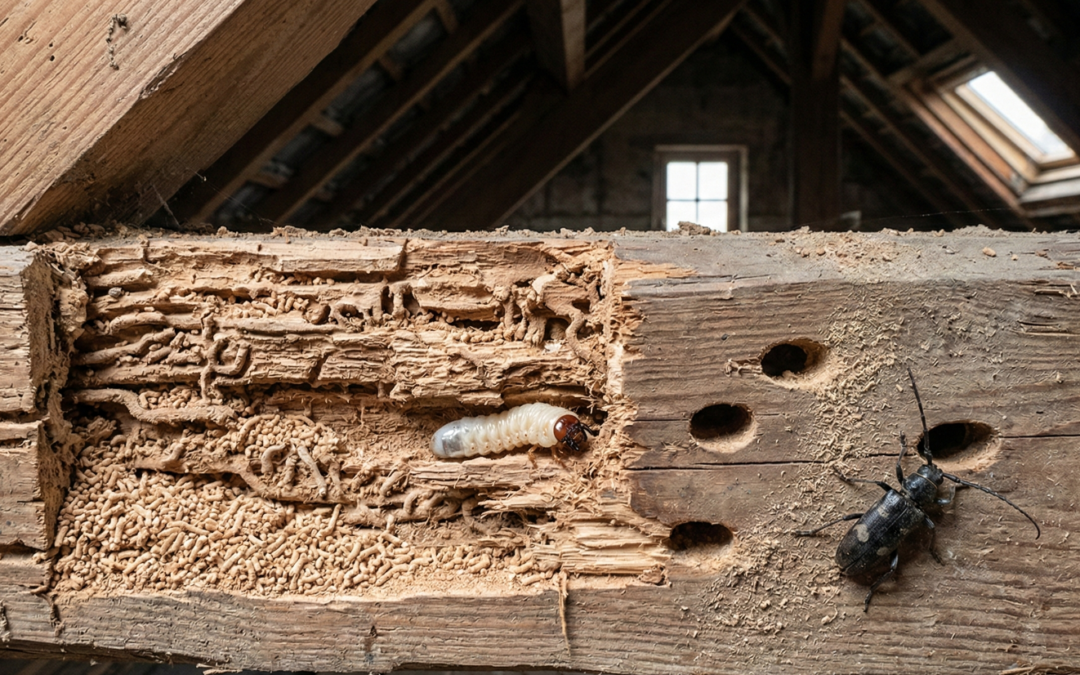 Une vue rapprochée ultra-réaliste montrant un insecte Capricorne des maisons adulte noir et une larve blanchâtre à l'intérieur de galeries de bois de résineux endommagé dans un grenier poussiéreux de Lorient. Le bois montre des trous de sortie ovales et des vermoulures, exposant la destruction interne.