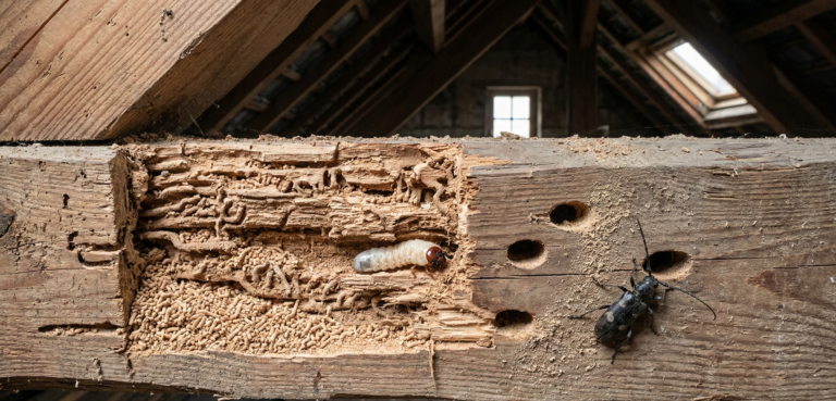 Une vue rapprochée ultra-réaliste montrant un insecte Capricorne des maisons adulte noir et une larve blanchâtre à l'intérieur de galeries de bois de résineux endommagé dans un grenier poussiéreux de Lorient. Le bois montre des trous de sortie ovales et des vermoulures, exposant la destruction interne.