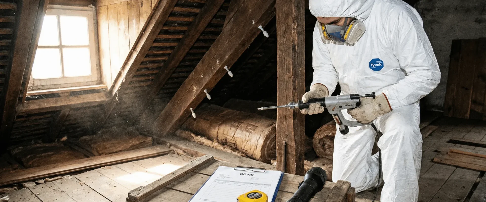 Technicien TYTEK en EPI traite une charpente par injection curative contre les insectes xylophages dans un grenier breton