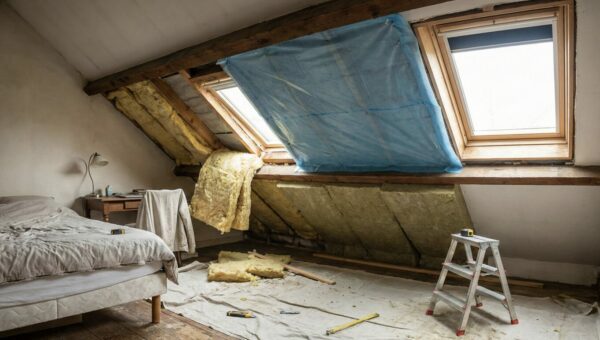 Chambre sous rampants en cours d'isolation, fenêtre de toit et isolant apparents