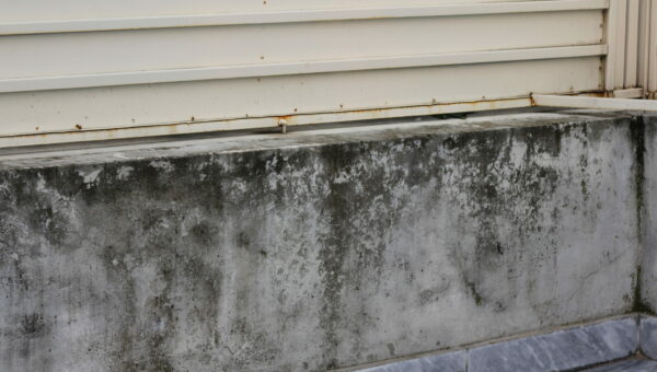 Moisissures noires en partie basse d'un mur, sous une fenêtre