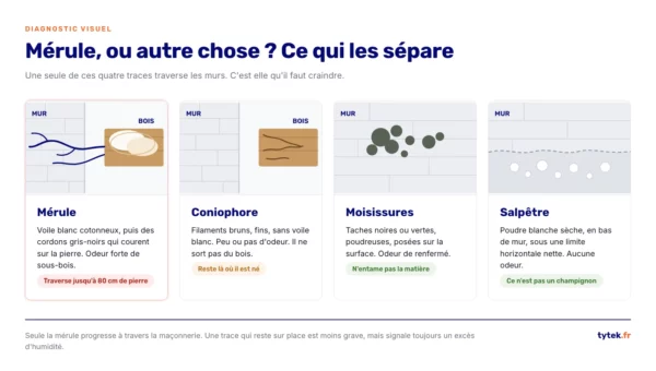 Comparaison visuelle entre merule, coniophore, moisissures et salpetre sur un mur