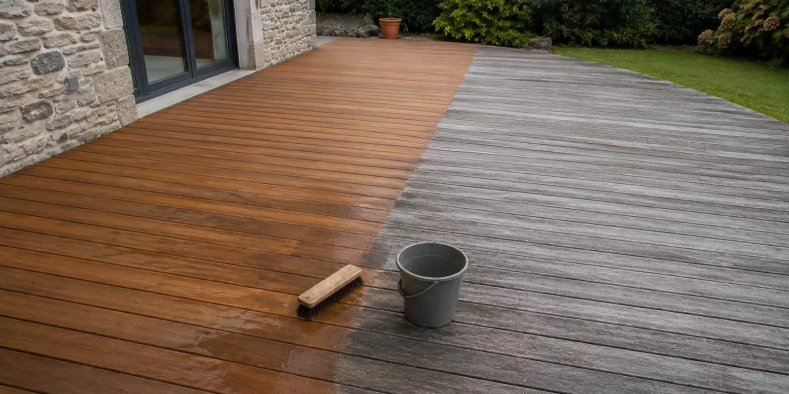 Terrasse en bois dont la moitié a retrouvé sa couleur d'origine après dégrisage, brosse et seau posés au sol