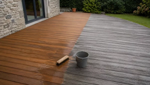 Terrasse en bois dont la moitié a retrouvé sa couleur d'origine après dégrisage, brosse et seau posés au sol