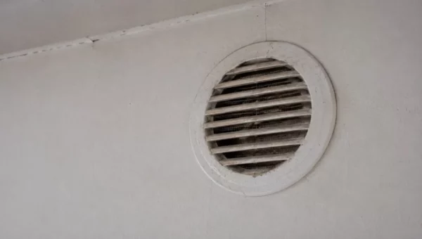 Grille d'aération ronde en plastique blanc empoussiérée sur un mur peint