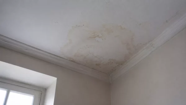 Plafond de pièce ancienne marqué par une auréole brunâtre près d'un angle, peinture écaillée