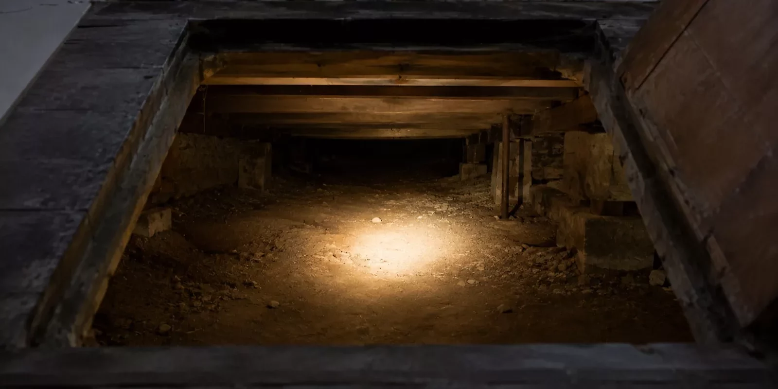 Trappe d'accès ouverte sur un vide sanitaire en terre battue sous le plancher, éclairé à la lampe