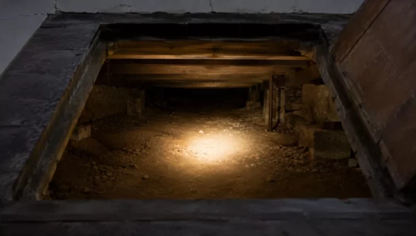 Trappe d'accès ouverte sur un vide sanitaire en terre battue sous le plancher, éclairé à la lampe