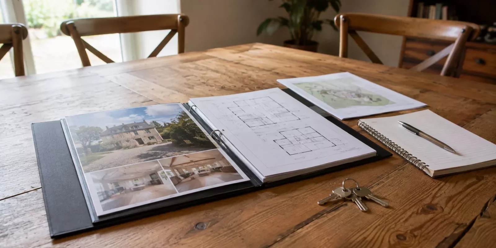 Dossier de vente immobilière ouvert sur une table en bois avec des plans et un trousseau de clés
