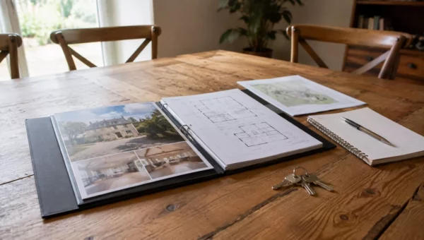 Dossier de vente immobilière ouvert sur une table en bois avec des plans et un trousseau de clés