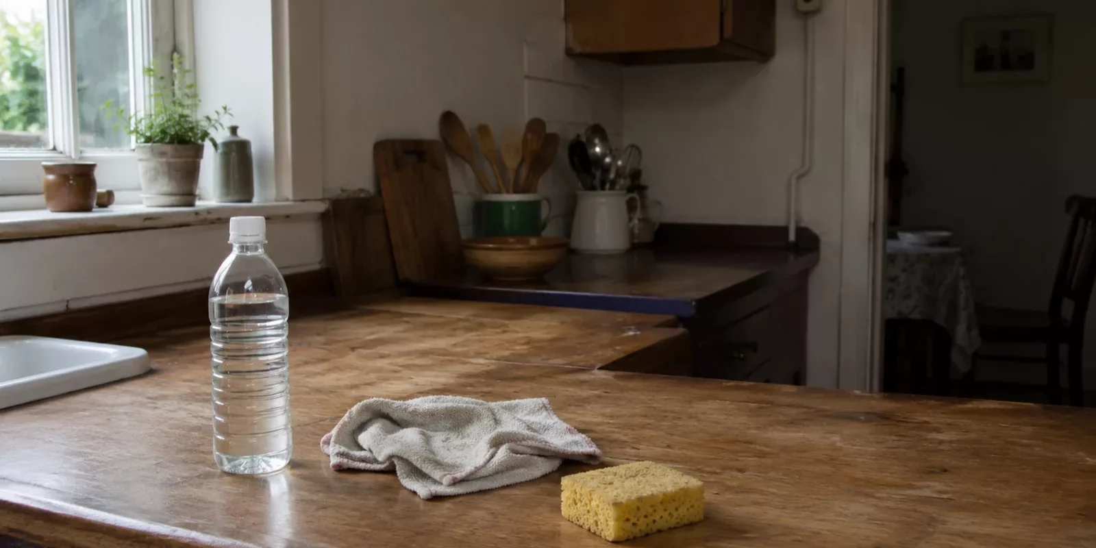 Bouteille de vinaigre blanc, chiffon et éponge posés sur le plan de travail d'une cuisine ancienne