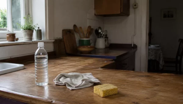 Bouteille de vinaigre blanc, chiffon et éponge posés sur le plan de travail d'une cuisine ancienne