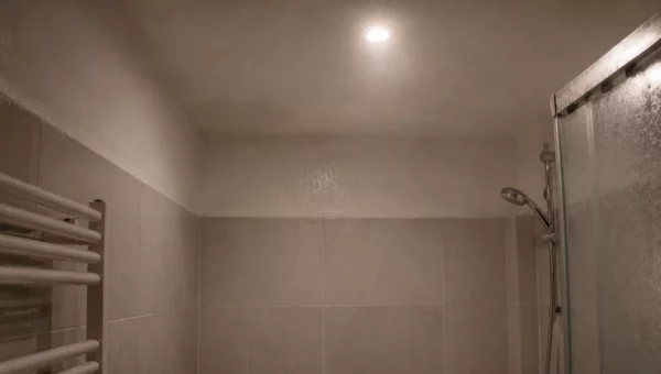 Salle de bain sans fenêtre remplie de vapeur après une douche, plafond éclairé par un spot