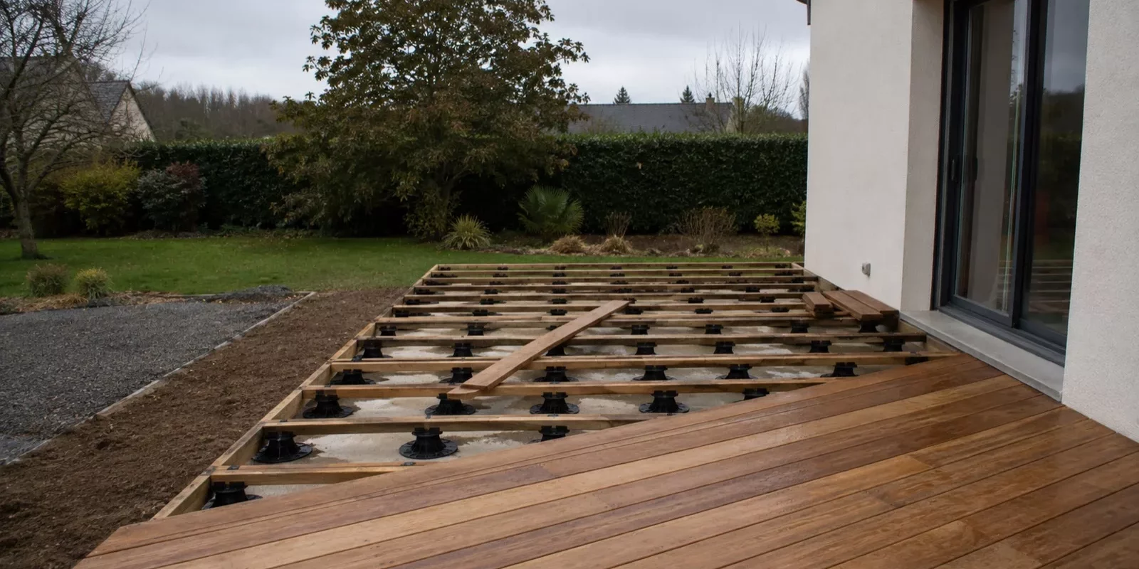 Chantier de terrasse en bois avec plots réglables, lambourdes et premières lames fixées