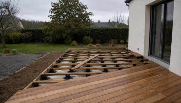 Chantier de terrasse en bois avec plots réglables, lambourdes et premières lames fixées