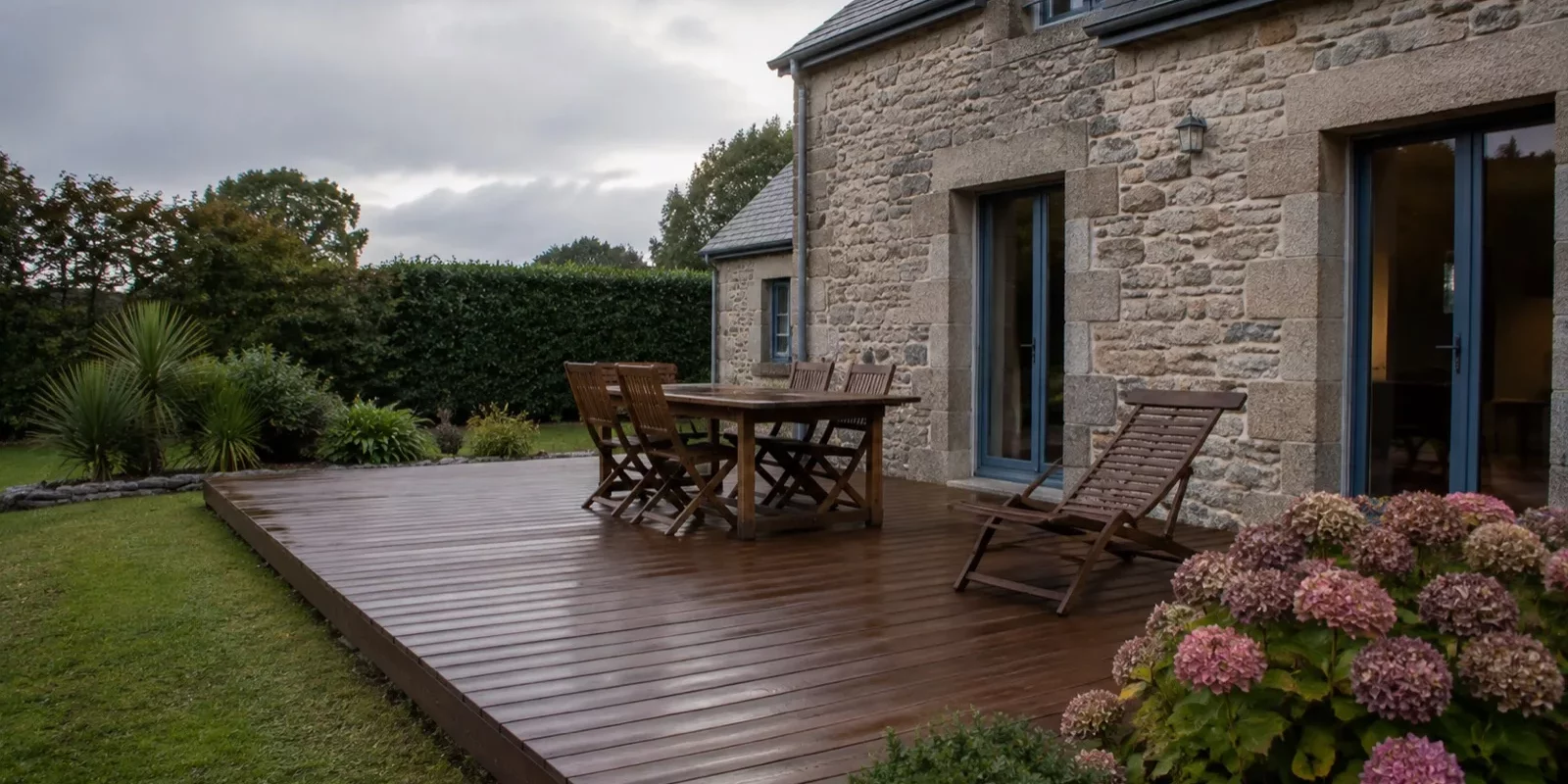 Terrasse en bois exotique devant une maison en pierre bretonne avec mobilier de jardin et hortensias