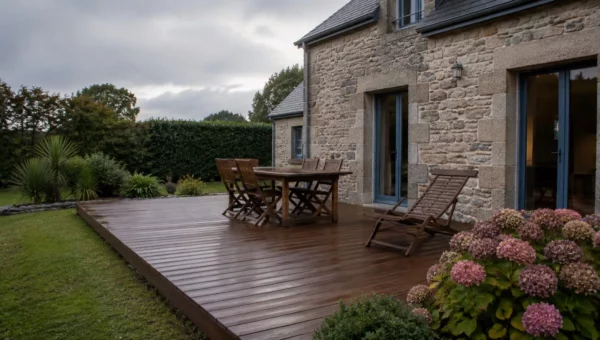 Terrasse en bois exotique devant une maison en pierre bretonne avec mobilier de jardin et hortensias