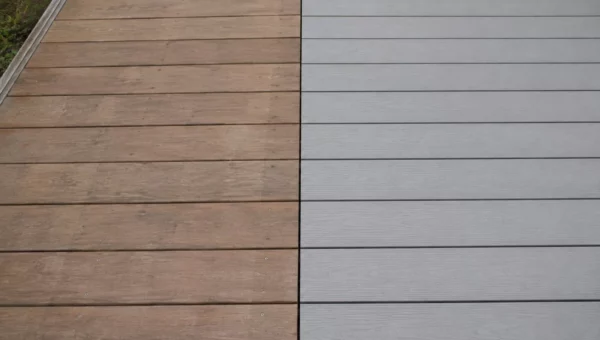Comparaison au sol entre des lames de terrasse en bois naturel et des lames composites gris clair